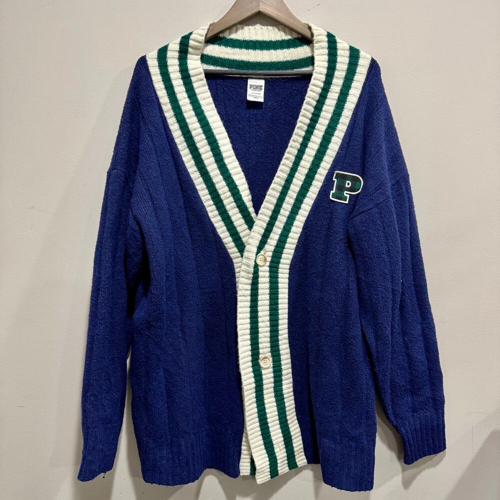 PINK Victoria’s Secret Oversized Varsity Cardigan Navy Green Plaid P Large